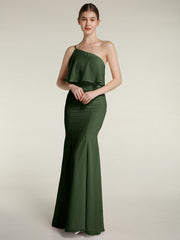 Une Épaule Sirène Robes Avec Fente Olive Verte