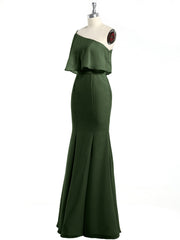 Une Épaule Sirène Robes Avec Fente Olive Verte