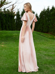 Robe en Velours à Col en V et Manches Flottantes avec Fente Rose Perle