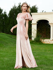 Robe en Velours à Col en V et Manches Flottantes avec Fente Rose Perle Grande Taille