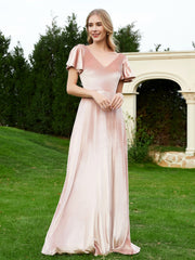 Robe en Velours à Col en V et Manches Flottantes avec Fente Rose Perle Grande Taille