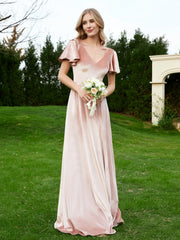 Robe en Velours à Col en V et Manches Flottantes avec Fente Rose Perle