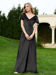 Robe en Velours à Col en V et Manches Flottantes avec Fente Noir
