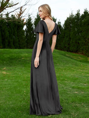 Robe en Velours à Col en V et Manches Flottantes avec Fente Noir Grande Taille