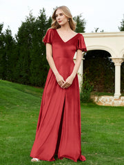 Robe en Velours à Col en V et Manches Flottantes avec Fente Bordeaux