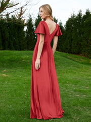 Robe en Velours à Col en V et Manches Flottantes avec Fente Bordeaux Grande Taille