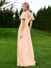 Robe en Velours à Col en V et Manches Flottantes avec Fente Champagne Grande Taille