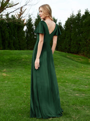 Robe en Velours à Col en V et Manches Flottantes avec Fente Vert Foncé Grande Taille