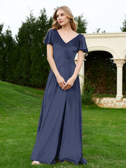 Robe en Velours à Col en V et Manches Flottantes avec Fente Bleu Marine Grande Taille