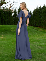 Robe en Velours à Col en V et Manches Flottantes avec Fente Bleu Marine