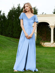 Robe en Velours à Col en V et Manches Flottantes avec Fente Bleu Poudré Grande Taille