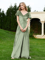 Robe en Velours à Col en V et Manches Flottantes avec Fente Sauge Poudrée Grande Taille