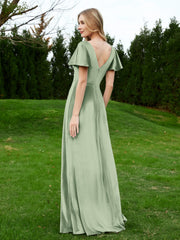Robe en Velours à Col en V et Manches Flottantes avec Fente Sauge Poudrée Grande Taille