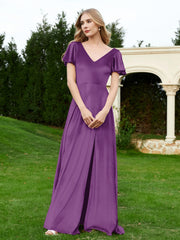 Robe en Velours à Col en V et Manches Flottantes avec Fente Raisin Grande Taille