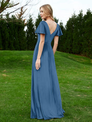 Robe en Velours à Col en V et Manches Flottantes avec Fente Bleu Encre Grande Taille