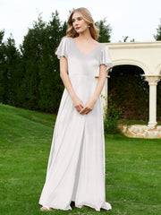 Robe en Velours à Col en V et Manches Flottantes avec Fente Ivoire