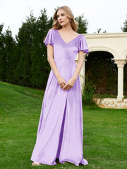 Robe en Velours à Col en V et Manches Flottantes avec Fente Lilas Grande Taille