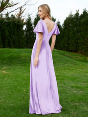 Robe en Velours à Col en V et Manches Flottantes avec Fente Lilas Grande Taille