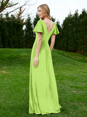 Robe en Velours à Col en V et Manches Flottantes avec Fente Vert Citron