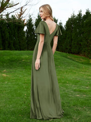 Robe en Velours à Col en V et Manches Flottantes avec Fente Olive Verte Grande Taille
