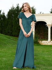 Robe en Velours à Col en V et Manches Flottantes avec Fente Paon Grande Taille