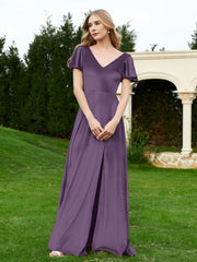 Robe en Velours à Col en V et Manches Flottantes avec Fente Plum