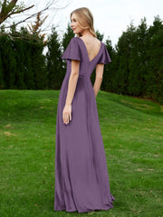 Robe en Velours à Col en V et Manches Flottantes avec Fente Plum