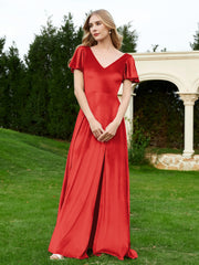 Robe en Velours à Col en V et Manches Flottantes avec Fente Rouge Grande Taille
