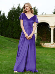 Robe en Velours à Col en V et Manches Flottantes avec Fente Régence