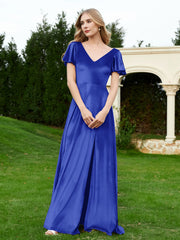 Robe en Velours à Col en V et Manches Flottantes avec Fente Bleu Royale Grande Taille