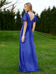 Robe en Velours à Col en V et Manches Flottantes avec Fente Bleu Royale Grande Taille