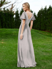 Robe en Velours à Col en V et Manches Flottantes avec Fente Argent