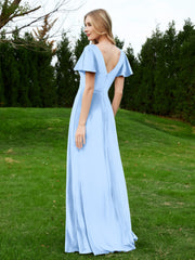 Robe en Velours à Col en V et Manches Flottantes avec Fente Bleu Ciel