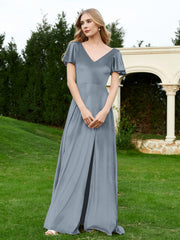 Robe en Velours à Col en V et Manches Flottantes avec Fente Bleu de Schiste Grande Taille