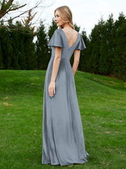 Robe en Velours à Col en V et Manches Flottantes avec Fente Bleu de Schiste Grande Taille