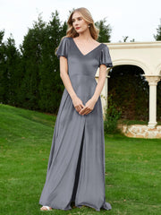 Robe en Velours à Col en V et Manches Flottantes avec Fente Gris Acier Grande Taille