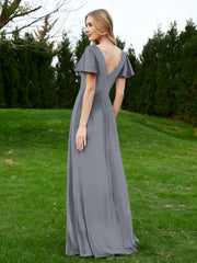 Robe en Velours à Col en V et Manches Flottantes avec Fente Gris Acier