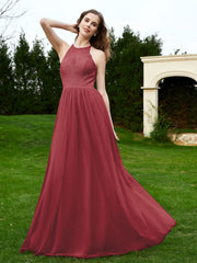 Robe en Dentelle à Col Licou Sans Manches Longueur au Sol Cannelle Rose