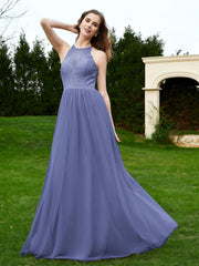 Robe en Dentelle à Col Licou Sans Manches Longueur au Sol Pervenche
