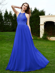 Robe en Dentelle à Col Licou Sans Manches Longueur au Sol Bleu Royale