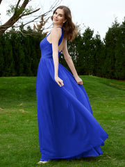 Robe en Dentelle à Col Licou Sans Manches Longueur au Sol Bleu Royale