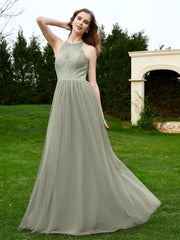 Robe en Dentelle à Col Licou Sans Manches Longueur au Sol Argent Grande Taille