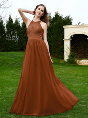 Robe en Dentelle à Col Licou Sans Manches Longueur au Sol Terracotta Grande Taille