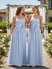 Robe Demoiselle d'honneur Longue Sans Bretelles Mousseline Bleu Ciel