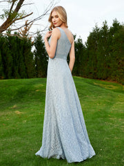 Robe en Dentelle Sans Manches à Une Épaule avec Ceinture Bleu Poudré