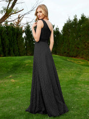 Robe en Dentelle Sans Manches à Une Épaule avec Ceinture Noir