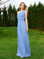 Robe en Dentelle Sans Manches à Une Épaule avec Ceinture Bleu Grande Taille