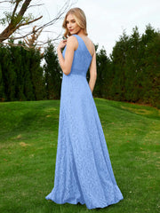 Robe en Dentelle Sans Manches à Une Épaule avec Ceinture Bleu