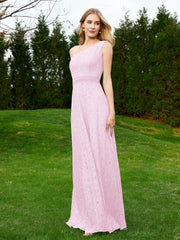 Robe en Dentelle Sans Manches à Une Épaule avec Ceinture Rose Pâle