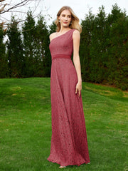 Robe en Dentelle Sans Manches à Une Épaule avec Ceinture Bordeaux Grande Taille